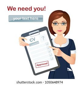 HR manager hires a Professional for the position /manager in blue dress holding resume, CV, Staff recruitment, Vacancy. Flat design, vector cartoon illustration