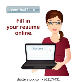HR manager hires a Professional for the position, holding laptop with online form CV / Staff recruitment, Resume