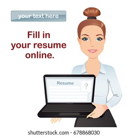 HR manager hires a Professional for the position, holding laptop with online form CV / Staff recruitment, Resume