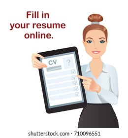 HR manager hires a Professional for the position, holding tablet with online form CV / Staff recruitment, Resume. Flat design, vector cartoon illustration.