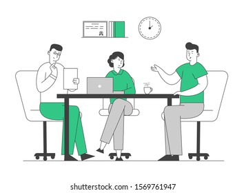 Hr Manager Hold Candidate Resume in Hands Welcoming Applicant at Job Interview. Relaxed Man Tell about Working Skills, Ideas and Work Experience to Committee. Flat Vector Illustration, Line Art