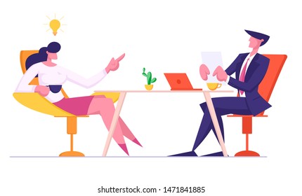 Hr Manager Holding Candidate Resume in Hands Welcoming Applicant at Job Interview. Relaxed Woman Tell about Working Skills, Ideas and Work Experience, Drinking Coffee Cartoon Flat Vector Illustration