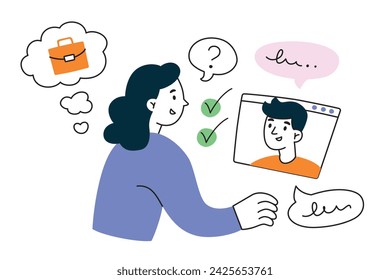 HR manager interviewing employee, online interview with job applicant, flat composition with cartoon characters, vector illustrations of man and woman talking, company recruitment concept