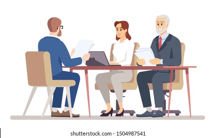 HR manager interviewing job applicant flat vector illustration. Business negotiations in office. Meeting with jobseeker, partner, client isolated cartoon characters on white background