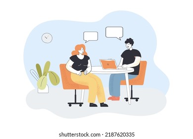 HR manager interviewing job candidate flat vector illustration. Boss talking with job applicant in office. Recruitment, meeting concept for banner, website design or landing web page