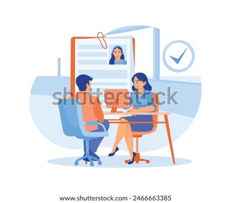 The HR manager is interviewing a job seeker. The manager reads the candidate's data. Job interview concept. Flat vector illustration.