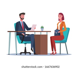 HR manager and job seeker or candidate having conversation. Job interview flat cartoon illustration