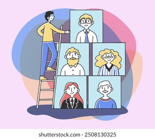 HR manager looking for talented candidate for job flat vector illustration. Female cartoon character climbing ladder to see the best worker. Human resources, interview and business concept
