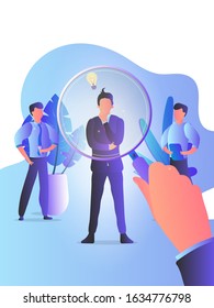 HR manager is looking through a business man for job candidates with a magnifying glass. Employees, employer, job interview, casting. The concept of head hunting. Flat vector illustration.