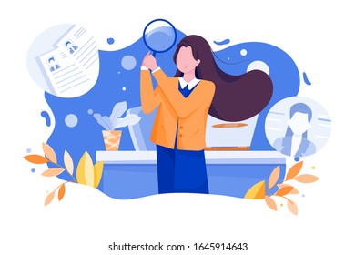 HR manager looking through a magnifying glass on job candidates. Flat style vector illustration on white background.