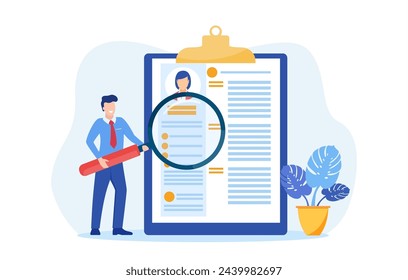 HR manager looking through a magnifying glass on job candidate CV. recruitment agency. Vector illustration in flat style