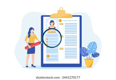 HR manager looking through a magnifying glass on job candidate CV. recruitment agency. Vector illustration in flat style