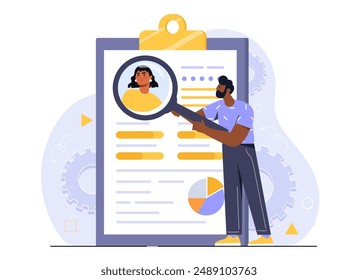 HR manager man. Young guy with magnifying glass analyzes womans profile. HR manager evaluates candidate for vacancy. Headhunting and recruiting. Flat vector illustration isolated on white background