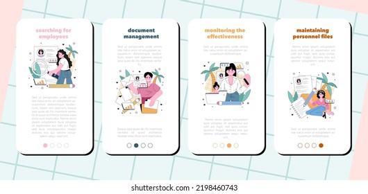 HR manager mobile application banner set. Idea of recruitment and employee effectiveness management. HR specialist interviewing job candidate and maintaining personnel paper. Flat vector illustration