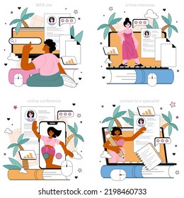 HR manager online service or platform set. Idea of recruitment and employee effectiveness management. Online interview, conference, contacts, website. Flat vector illustration