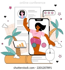 HR manager online service or platform. Idea of recruitment and employee effectiveness management. HR specialist maintaining personnel paper. Online conference. Flat vector illustration