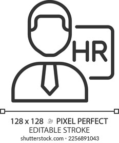 HR manager pixel perfect linear icon. Coordinates recruitment process. Human resources department. Work position. Thin line illustration. Contour symbol. Vector outline drawing. Editable stroke