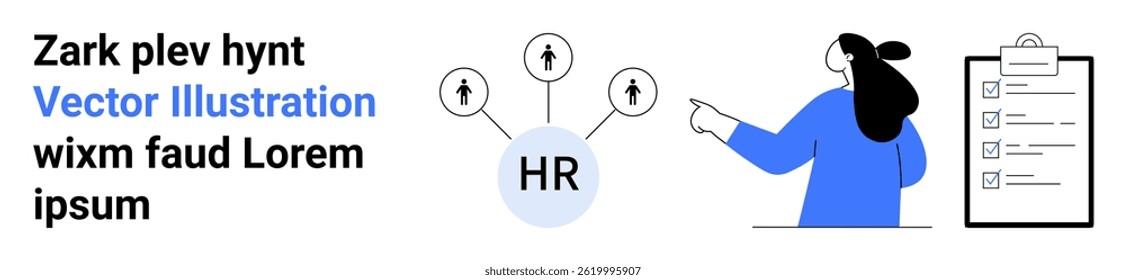 HR manager pointing at various human resources icons connected by lines, clipboard with checklist in the background. Ideal for HR processes, team management, employee onboarding, training modules