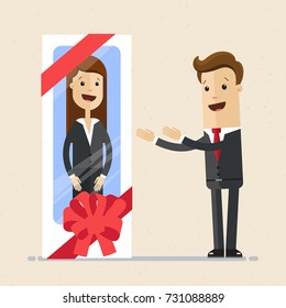 HR Manager Present Woman In Gift Boxes As A New Employee. Concept Of Recruitment, Valuable Employee. Vector, Illustration, Flat