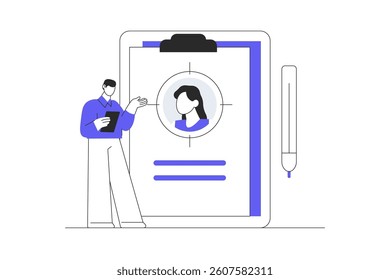 Hr manager presenting potential job candidate. Recruitment process. Human resource management and hiring concept. Flat Cartoon Vector Illustration, icon. Stylish abstract design web