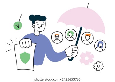 HR manager providing insurance, employees health care, flat composition with cartoon character holding umbrella, vector illustration of protecting company workers, job with corporate wellbeing