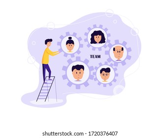 HR manager put new team member as a part of one mechanism. Team working as gears. Flat style in purple colors. Vector isolated 