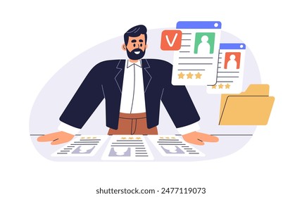 HR manager recruiting employee. Analyze candidates, CVs, job applications for hiring. Human resources professional, resumes. Recruitment concept. Flat vector illustration isolated on white background