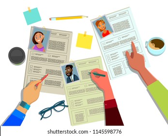 The HR Manager reviews the resumes of candidates for jobs of businessmen and women . Search, check and hire employees. Headhunting concept vector illustration in flat style.