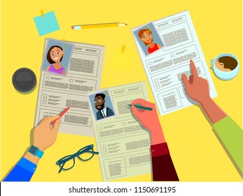 The HR Manager reviews the resumes of candidates for jobs of businessmen and women . Search, check and hire employees. Headhunting concept vector illustration in flat style.