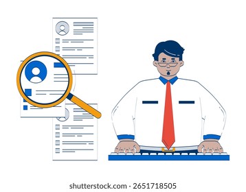 HR manager screening resumes with magnifying glass doodle illustration concept. Candidate search. Employee select loupe recruiter cartoon 2D character isolated on white. Hand drawn vector metaphor