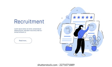 Su gerente selecciona a un empleado de posibles candidatos. Búsqueda de talentos. CV de empleados. Diseño de la página de aterrizaje de reclutamiento en un estilo azul moderno.