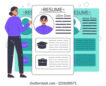 HR manager selects job vacancy candidates. Recruitment process, job seekers resume, headhunting agency worker flat vector illustration on white background