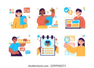 HR manager set color concept with people scene in the flat cartoon design. HR manager chooses questionnaires of employees that suit him. Vector illustration.