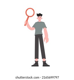 The HR manager stands in full growth and holds a magnifying glass in his hands. Isolated. Element for presentations, sites. Vector illustration