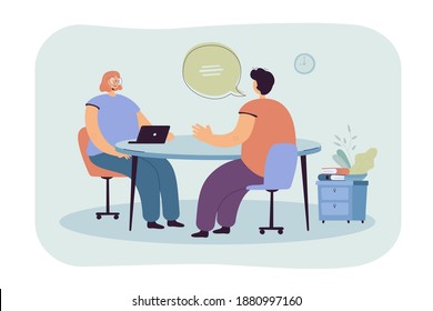 HR manager talking with candidate at job interview flat vector illustration. Cartoon employee or job seeker meeting with employer. Career and business conversation concept