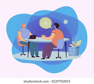 HR manager talking with candidate at job interview flat vector illustration. Cartoon employee or job seeker meeting with employer. Career and business conversation concept