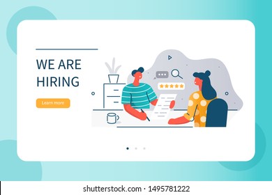 
Hr manager talking interview with job candidate. Man and woman characters have a dialogue. People recruitment process.  Human resource management and hiring concept. Flat cartoon vector illustration
