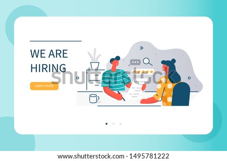 
Hr manager talking interview with job candidate. Man and woman characters have a dialogue. People recruitment process.  Human resource management and hiring concept. Flat cartoon vector illustration

