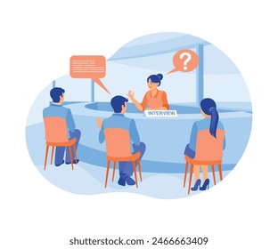 The HR manager is talking to three job seekers. Selection of employees who suit the position. Job interview concept. Flat vector illustration.