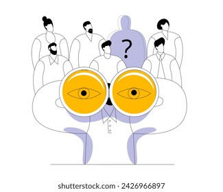 An HR manager uses binoculars to search for an employee to join a team of professionals. Vector outline illustration on the topic of employee search