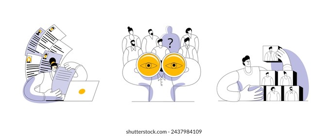 An HR manager uses binoculars to search for an employee, a woman looks through a resume, a man builds a team of professionals. A set of vector illustrations on the theme of HR department work.