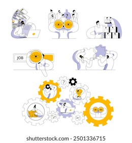 An HR manager uses binoculars to search for an employee, a woman looks through a resume, a man builds a team of professionals. A set of vector illustrations on the theme of HR department work.