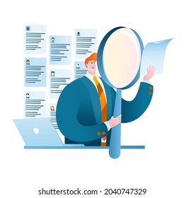 HR Manager uses a magnifying glass to view various resumes. Vector illustration in cartoon style.