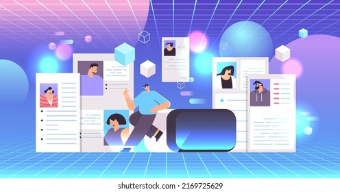 hr manager in vr glasses choosing resume with photo and personal info of new employees vr vision headset innovation metaverse