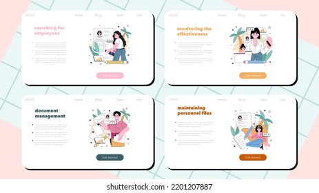 HR Manager Web-Banner oder Landing-Page Set. Idee der Personaleinstellung und des Mitarbeiterwirkungsmanagements. Personalspezialist interviewt Stellenbewerber und pflegt Personalpapier. Flache Vektorgrafik