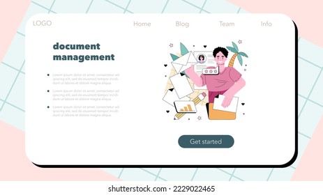 HR Manager Web-Banner oder Landing-Seite. Idee der Personaleinstellung und des Mitarbeiterwirkungsmanagements. Personalspezialist interviewt Stellenbewerber und pflegt Personalpapier. Flache Vektorgrafik