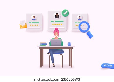 HR Manager working at desk, searching new employee. Business woman choosing best candidate for job. 3D Web Vector Illustrations.