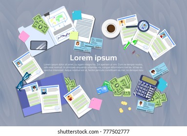 Hr Manager Workplace Concept Office Desk With Cv Resume Documents Top Angle View Banner With Copy Space Flat Vector Illustration