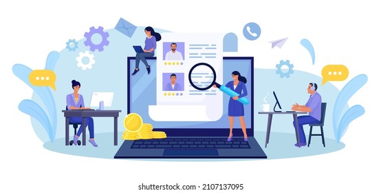 HR Managers Choosing Best Candidate For Job, Searching New Employee. Recruitment, Hiring Process. Online Job Interview. Resume Of Candidates On Laptop Screen. Vector Design