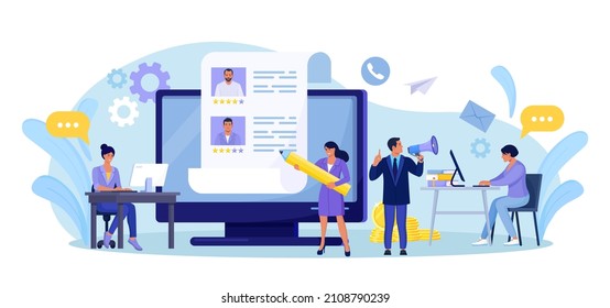 HR Managers Choosing Best Candidate for Job, Searching New Employee. Recruitment, Hiring Process. Online Job interview. Resume of Candidates on Computer Screen. Vector design